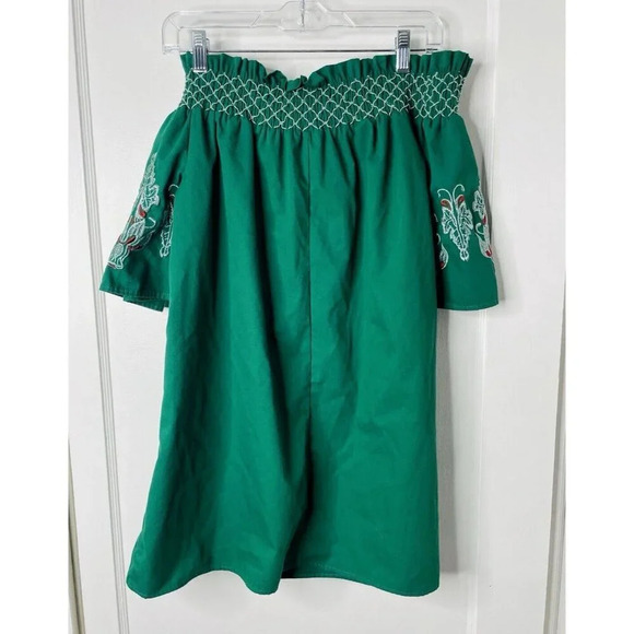 Bleuh Ciel Blouse L Off Shoulder Green Floral Embroider Cottagecore Smocked Boho - Picture 5 of 9